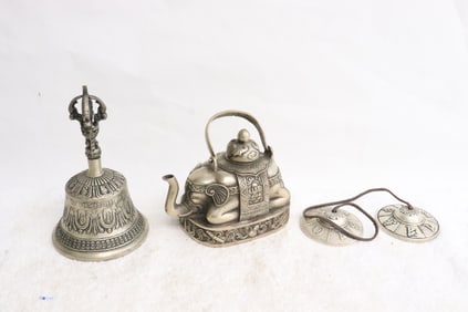 3 white bronze pieces; a teapot, a bell, & pair cymbals