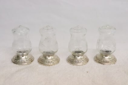 4 etched crystal salt & pepper shakers w/ sterling base