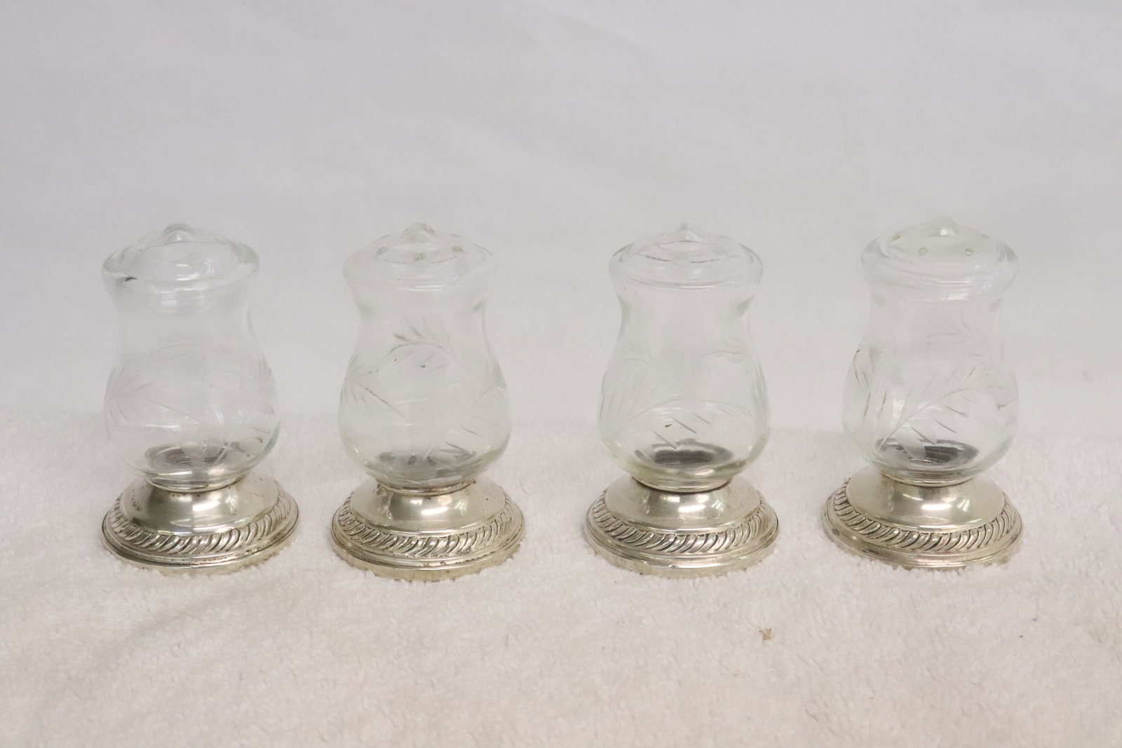 4 etched crystal salt & pepper shakers w/ sterling base (1 of 7)