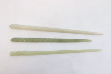 3 Chinese celadon/ white jade hair pins