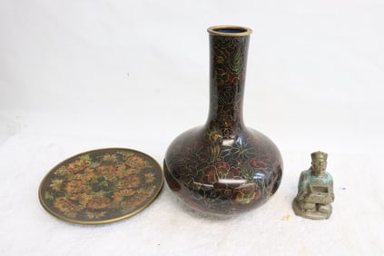 2 cloisonne pieces, and an enamel on metal figure