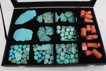 Box of turquoise stones, coral stones