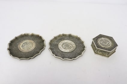 a white bronze box, and 2 small white bronze dishes