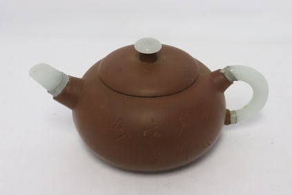 Chinese Yixing teapot w/ jade like handle & spout