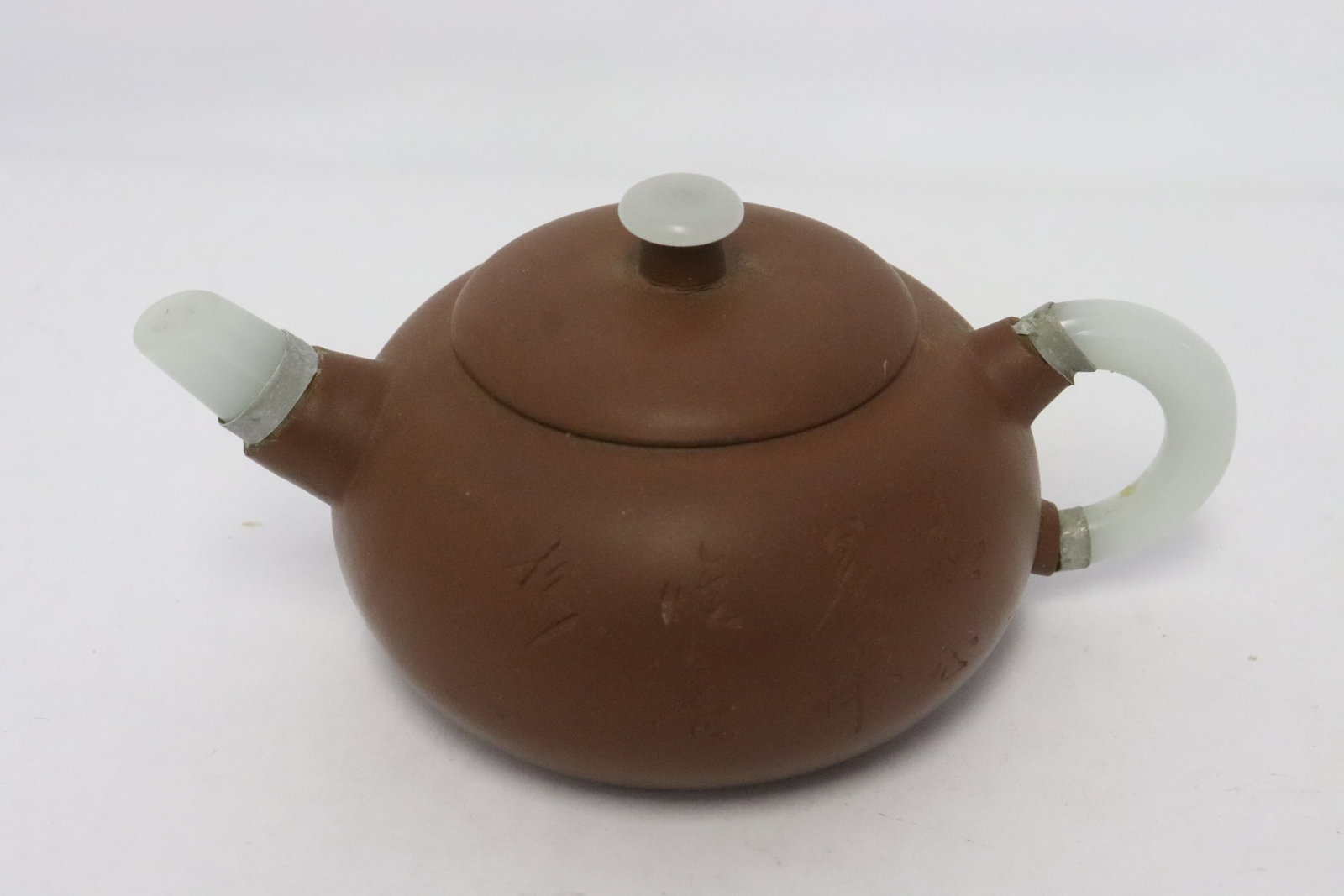 Chinese Yixing teapot w/ jade like handle & spout (1 of 8)