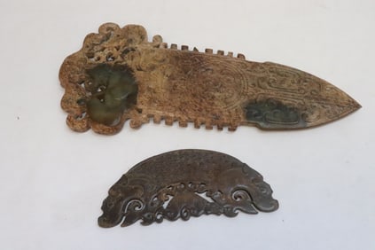 2 large Chinese jade like stone carved ornaments