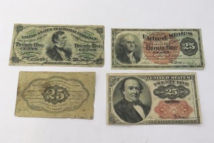 4 US 25-cent fractional currency notes