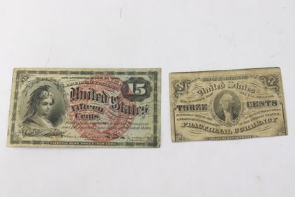 15-cent fractional currency note, & a 3-cent currency note