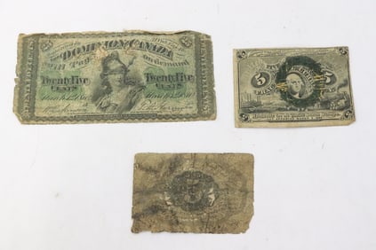 2 US 5-cent notes, and a 1870 dominion Canada 25-cent note