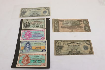 US Confederate 10-dollar note, & misc. US military notes