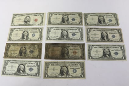 11 US notes; 1953 5-dollar, and ten 1-dollar notes