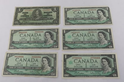 6 Canadian 1-dollar bank notes; 1937, and 1967(5)