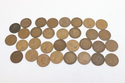 32 European old large copper penny coins