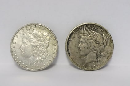 2 US silver dollar; 1900, and 1923