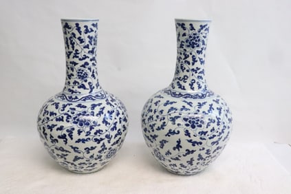 Pair Chinese blue & white porcelain bottle vases