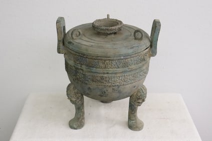 Lg Chinese archaic style bronze tripod covered ding