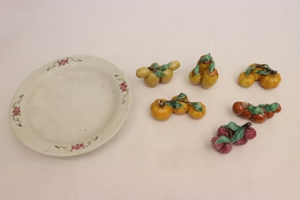 6 Chinese antique porcelain fruit on antique porcelain plate
