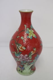 Chinese red background famille rose porcelain vase