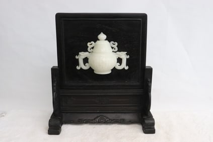 Rosewood plaque w/ stone decoration on stand