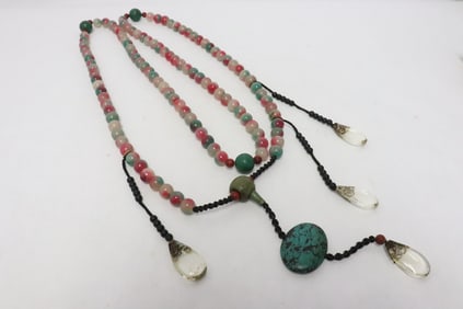 Very long Chinese Peking glass bead necklace