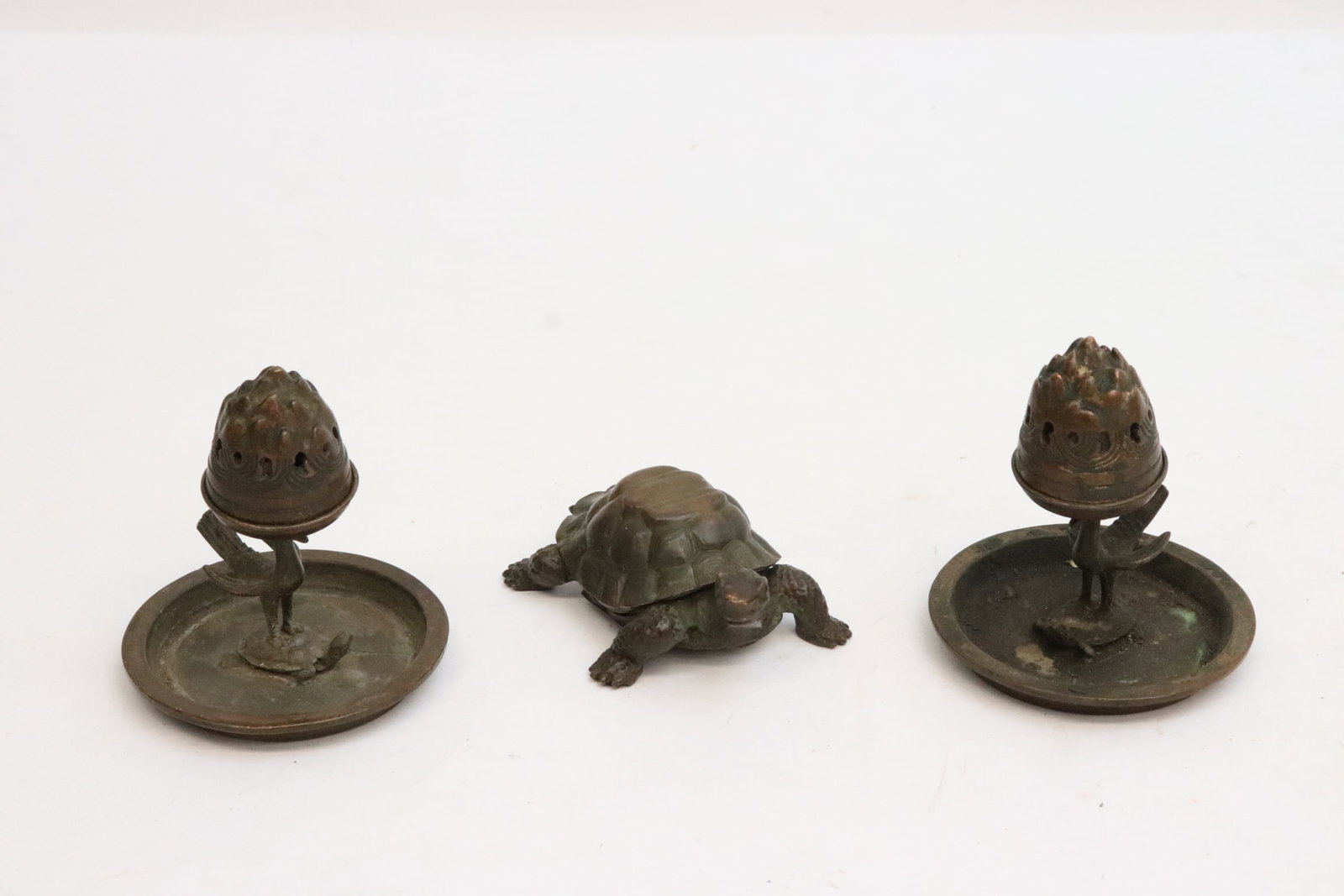 pr Chinese bronze candle holders, & a vintage censer (1 of 11)