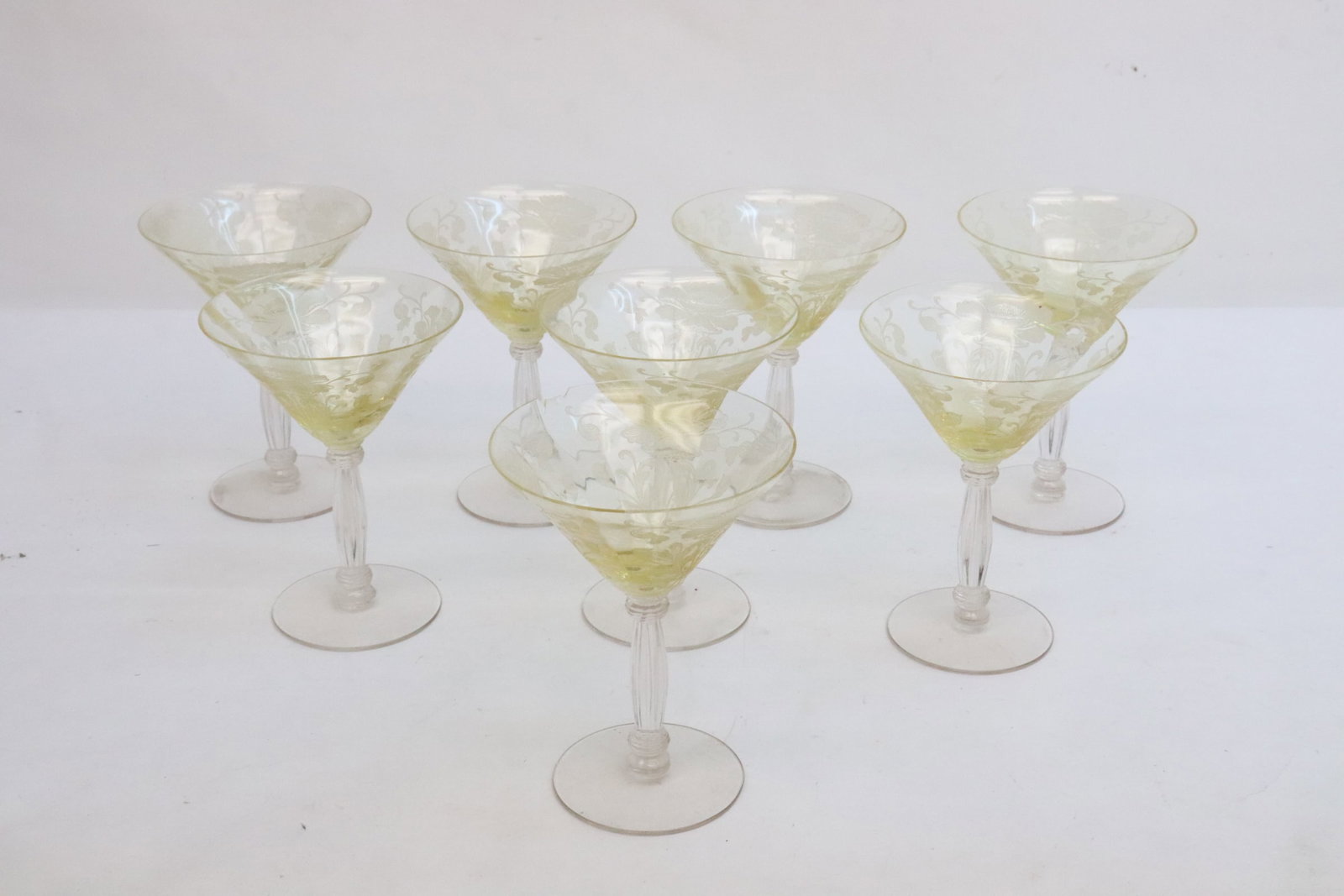 8 light yellow tint depression glass wine goblets: 8 rare light yellow tint depression glass wine goblets, flea bites on edge, 4.8"x3.7"dia ea