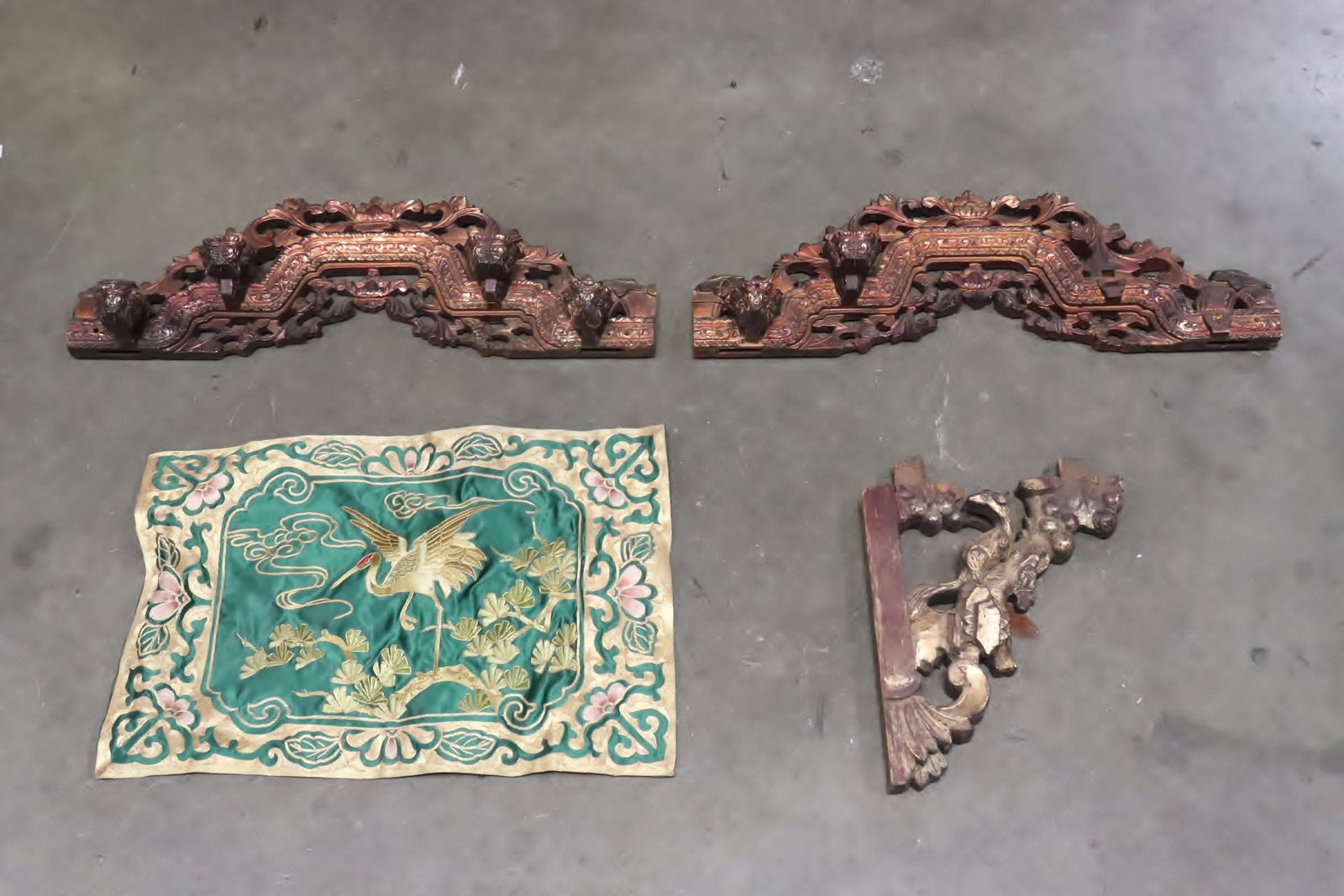 Lot of Chinese items: Lot of Chinese items; antique painted and carved wood ornaments (10.8"L - 19.7"L), porcelain bowl, embroidery panel (11.8"x17.6")