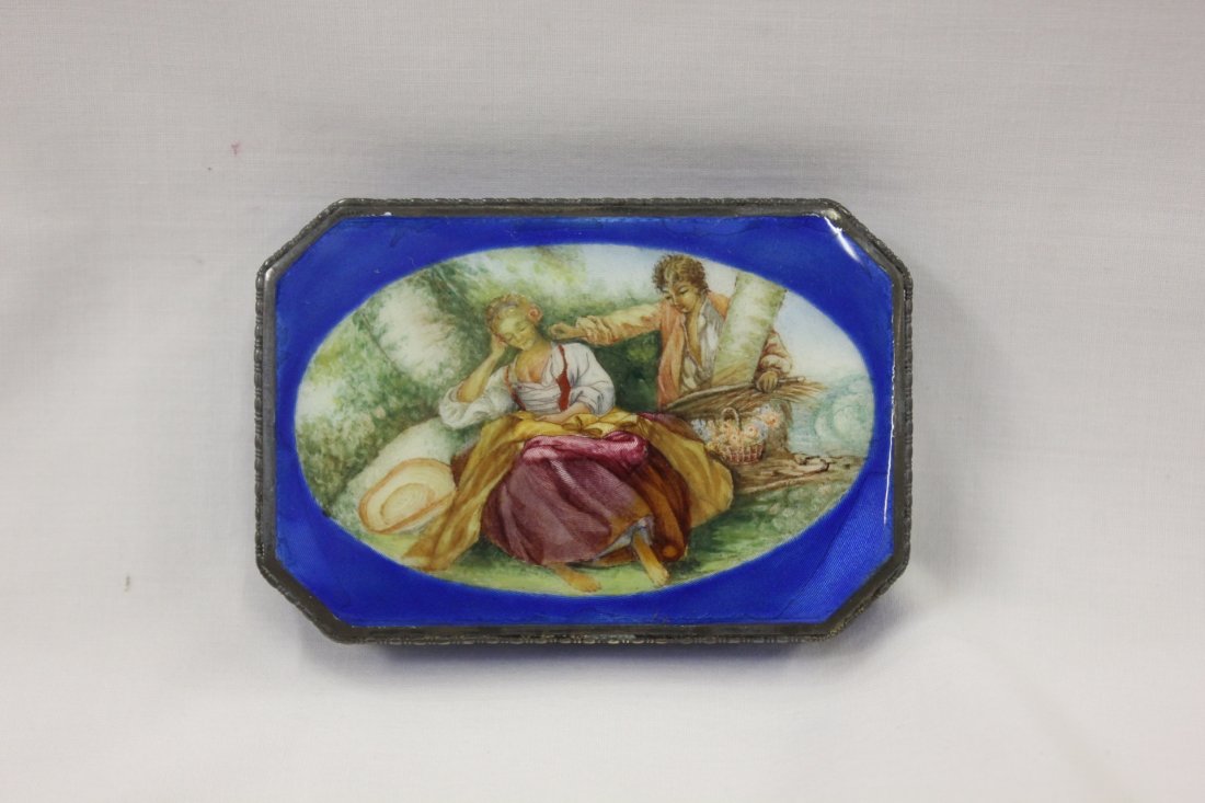 European antique 935 enamel silver snuff box: A beautiful European antique 935 enamel silver snuff box (3.1"x2.1"x0.5") painted with boy and girl in picnic, wt. 107gm