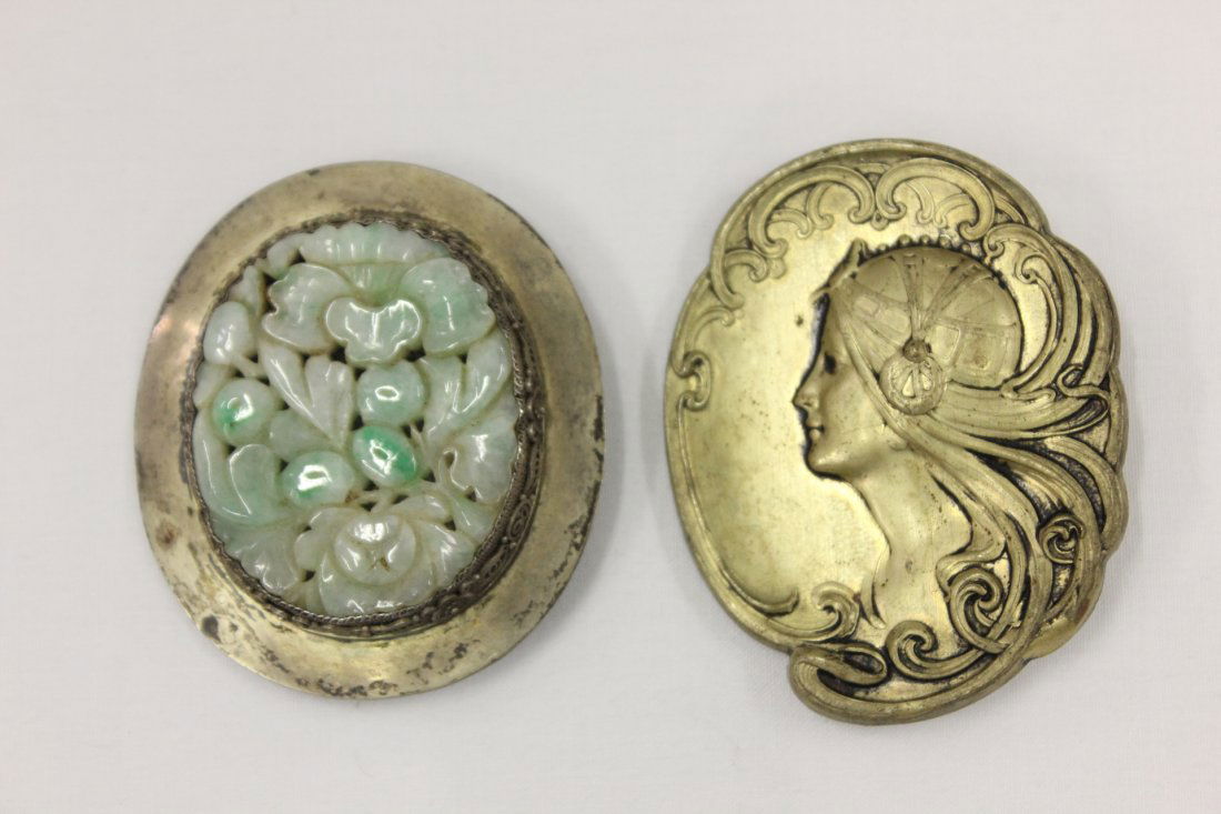 Chinese jadeite brooch & art nouveau brooch: Antique Chinese jadeite brooch (2.1"x1.8") with silver frame, and a fine art nouveau brooch (2.2"x1.75")