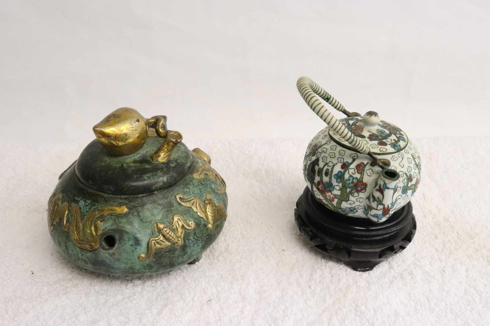 2 pieces; a cloisonne small teapot, and a bronze teapot (1 of 10)
