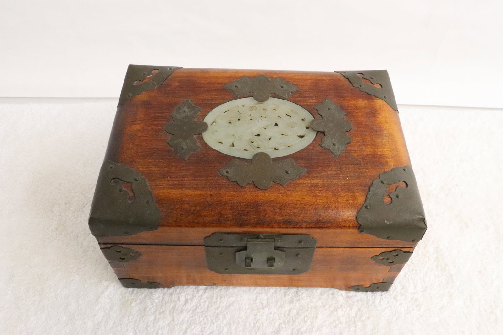 Chinese vintage wood box with jade plaque inset (1 of 8)