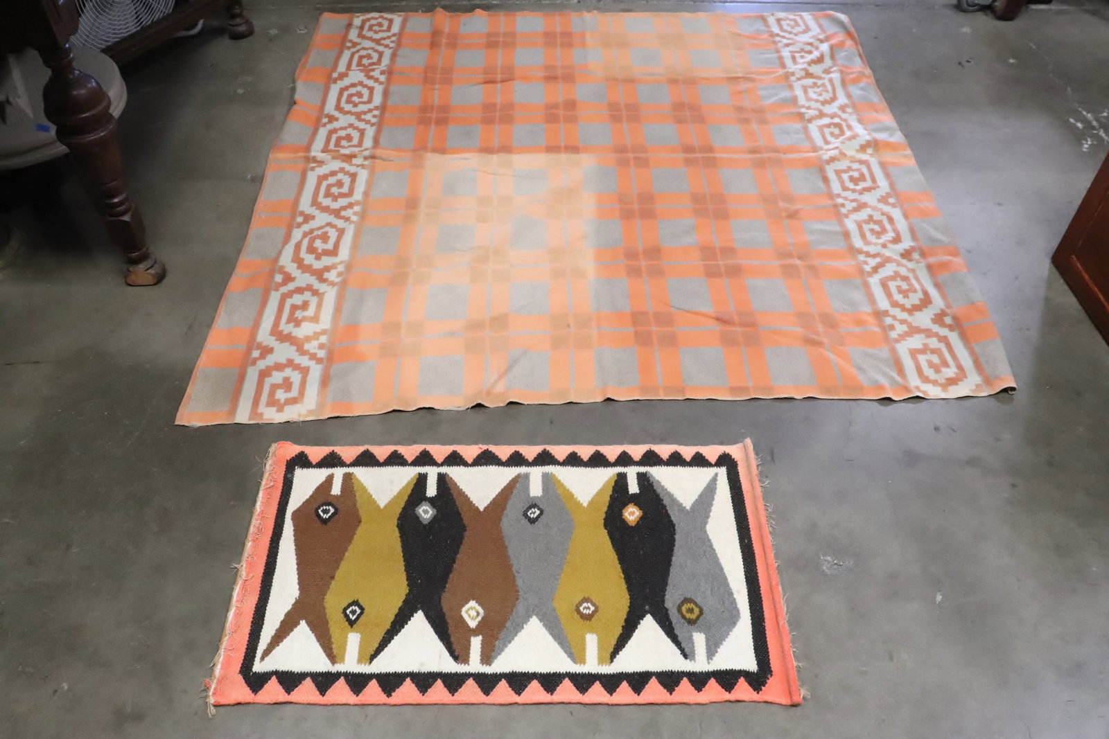 2 native American style pieces: 2 pieces; native American style blanket (19.8"x35.7"), and native American style rug (67.2"x67.5")