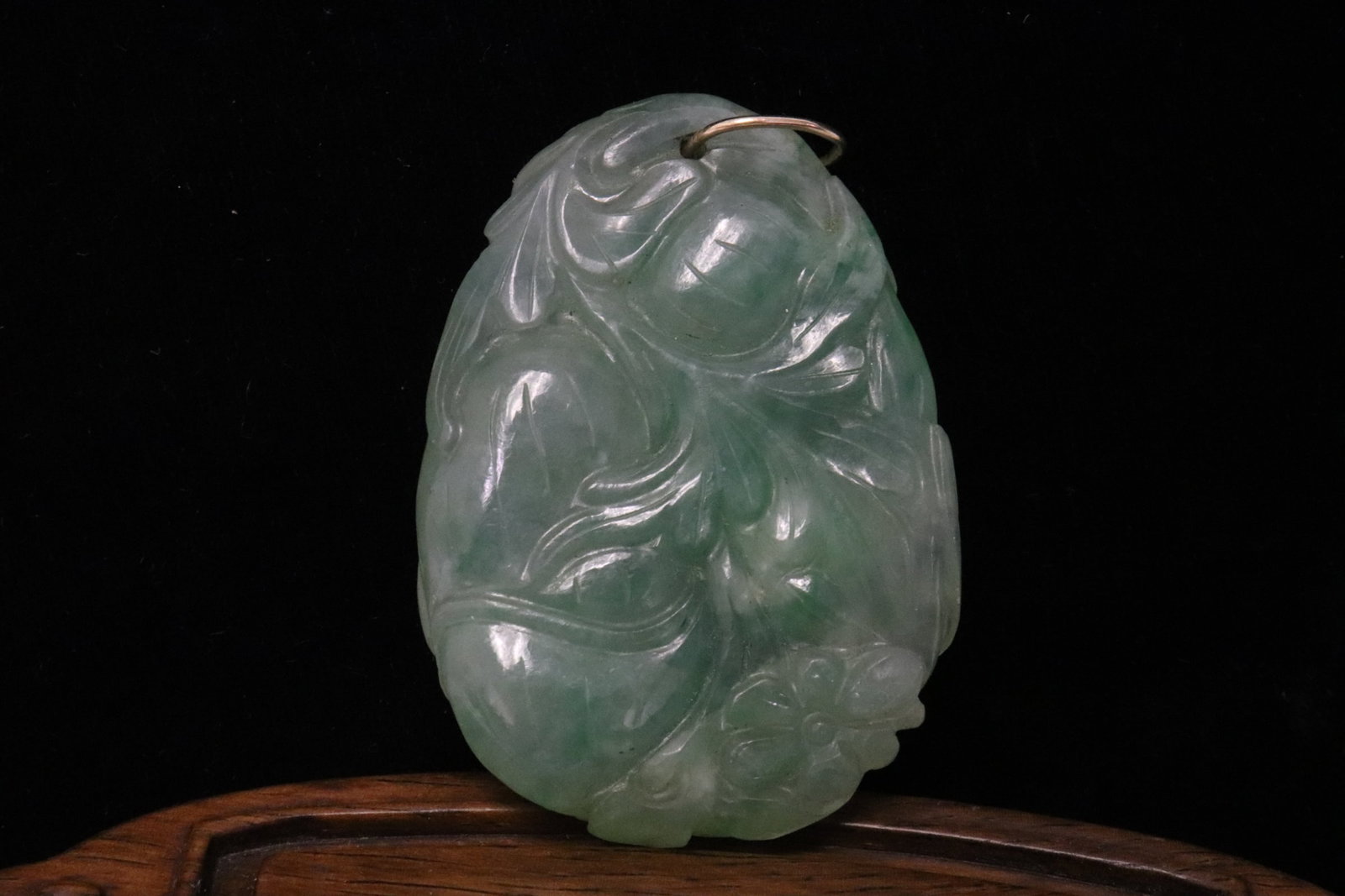 Chinese 19th/20th c. jadeite pendant, w/ GIA certificate: Chinese 19th/20th century natural color translucent light emerald green jadeite carved pendant (GIA certificate) with 14K Y/G bale, jadeite measures approx. 47.7x33.3x8.2mm