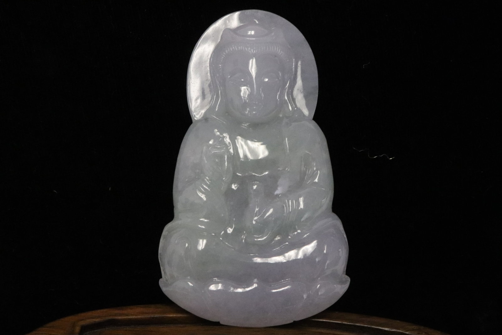 Chinese jadeite pendant, w/ GIA certificate: Beautiful Chinese natural color translucent lavender jadeite carved pendant (GIA certificate) with Buddha motif in high relief, measures approx. 61.8x36.7x7.8mm