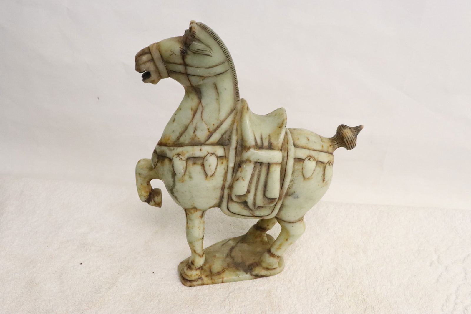 Chinese celadon jade like stone carved horse: Chinese celadon jade like stone carved horse, 9.5"H