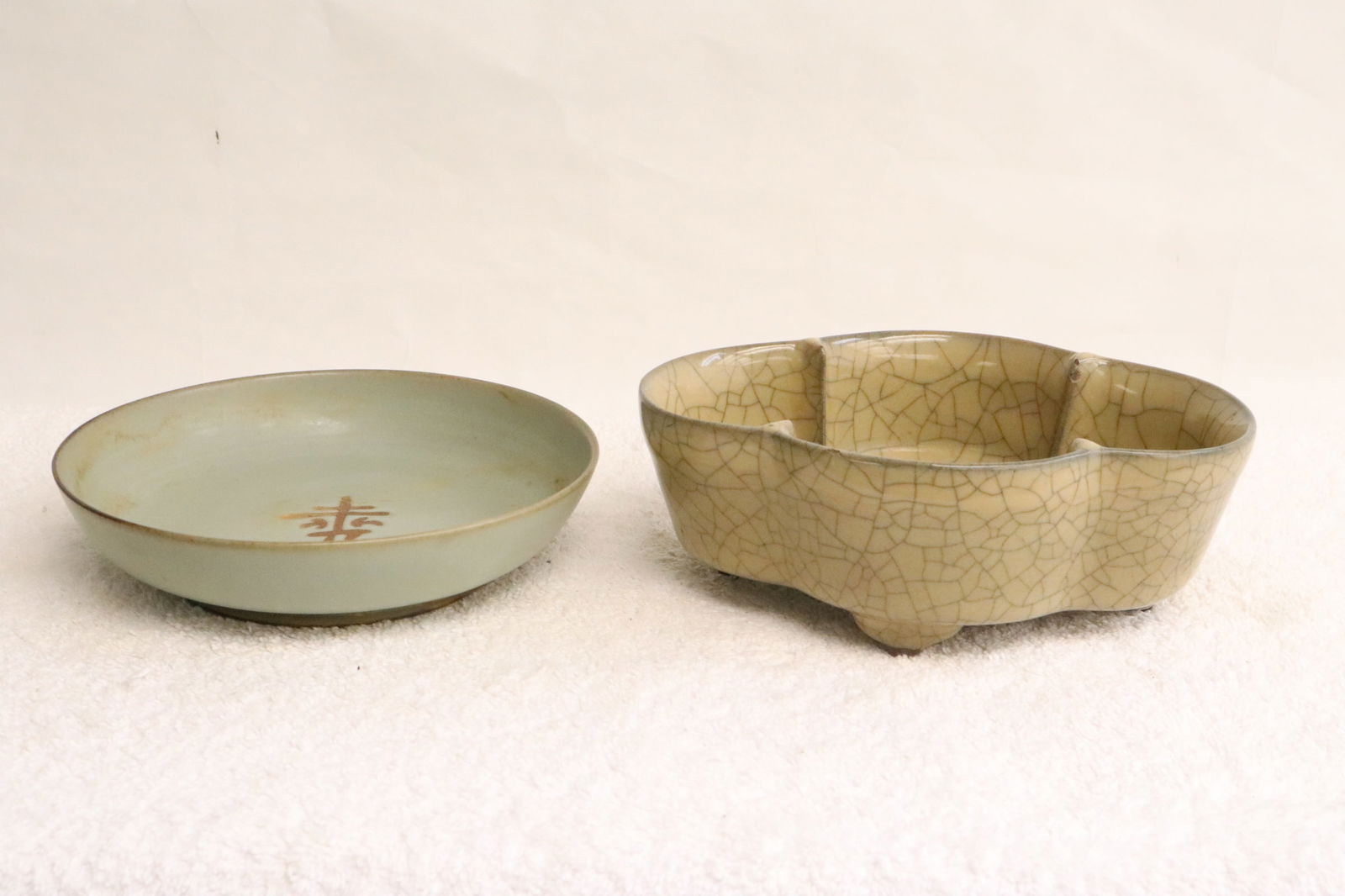 2 piece Song style porcelains: 2 piece Song style porcelains; a brush wash (2.4"x6.8"x5.25"), and a plate (1.5"x6.16"dia)