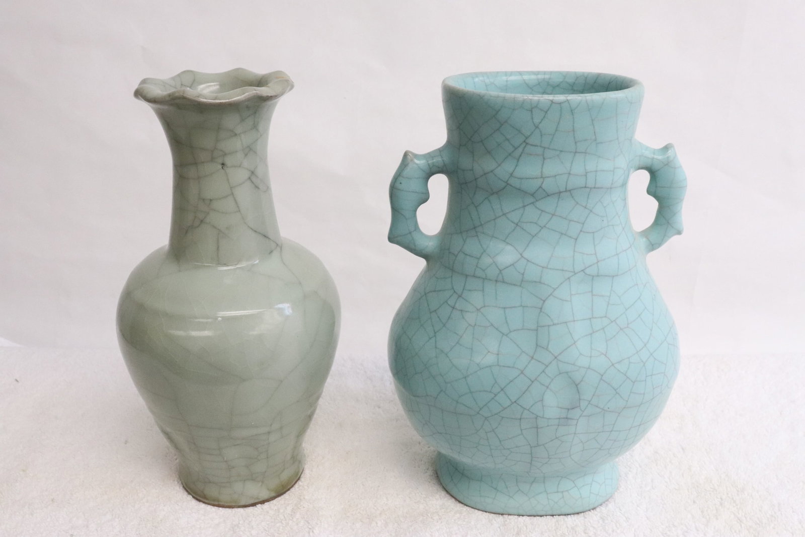2 crackleware porcelain vases: 2 crackleware porcelain vases, 9.2"x4.85"dia, 9.15"x6.35"x5"