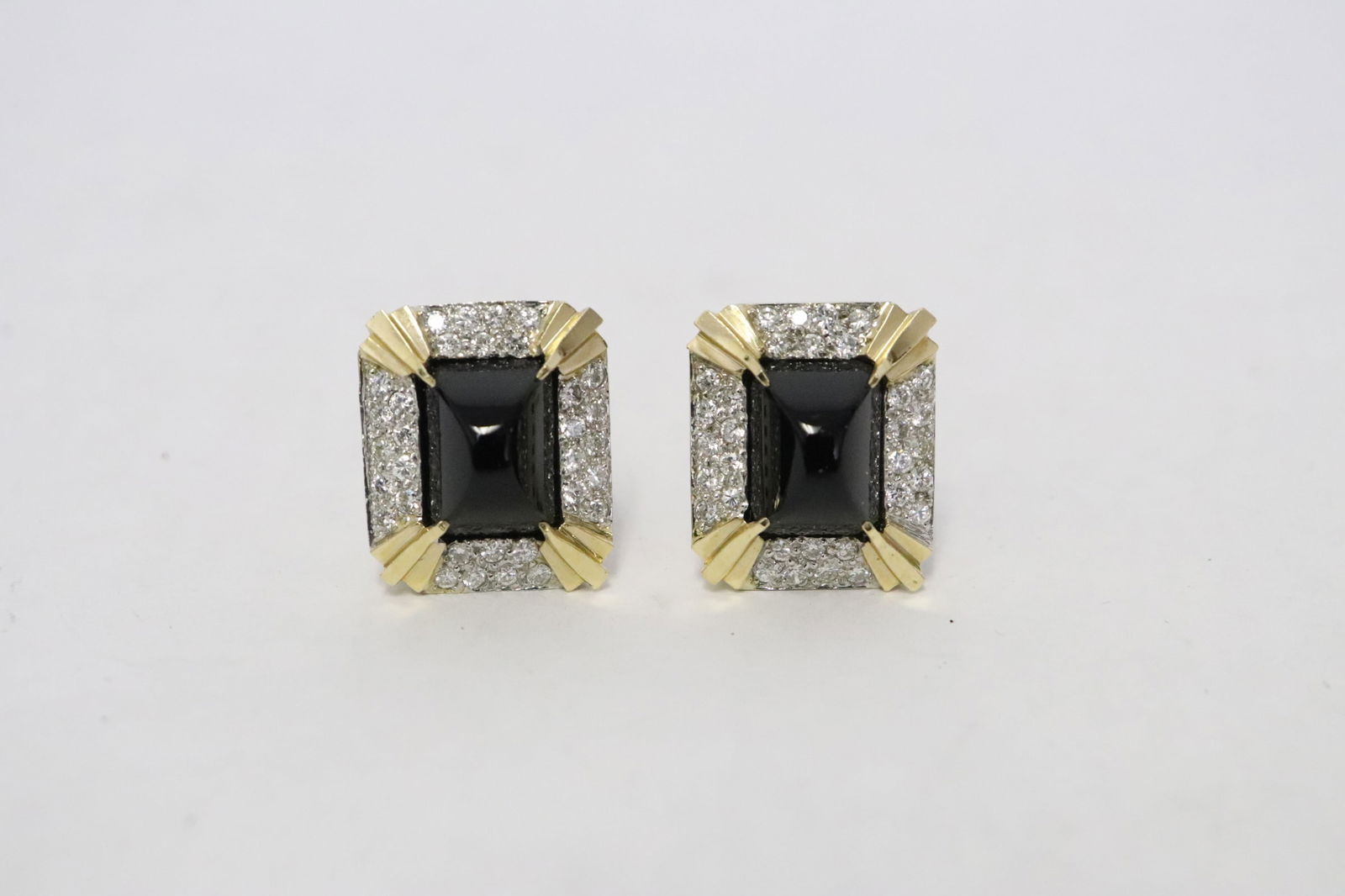 Pair 14K Y/G clip-on black onyx diamond earrings (1 of 7)
