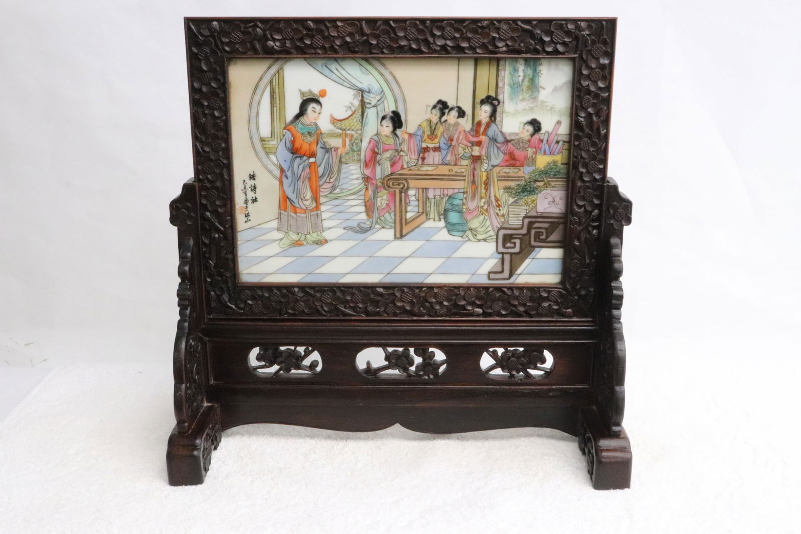 Chinese mid-20th c. porcelain plaque on rosewood stand (1 of 9)
