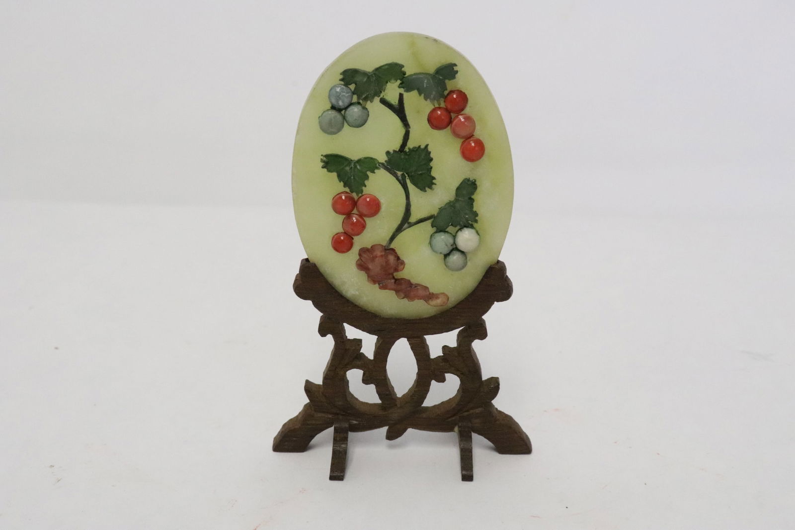 Chinese celadon jade plaque w/ overlay on stand (1 of 7)