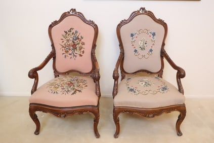 Pair French antique walnut needlepoint armchairs