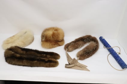 Russian fox fur hat, a mink scarf, & 2 fox scarves
