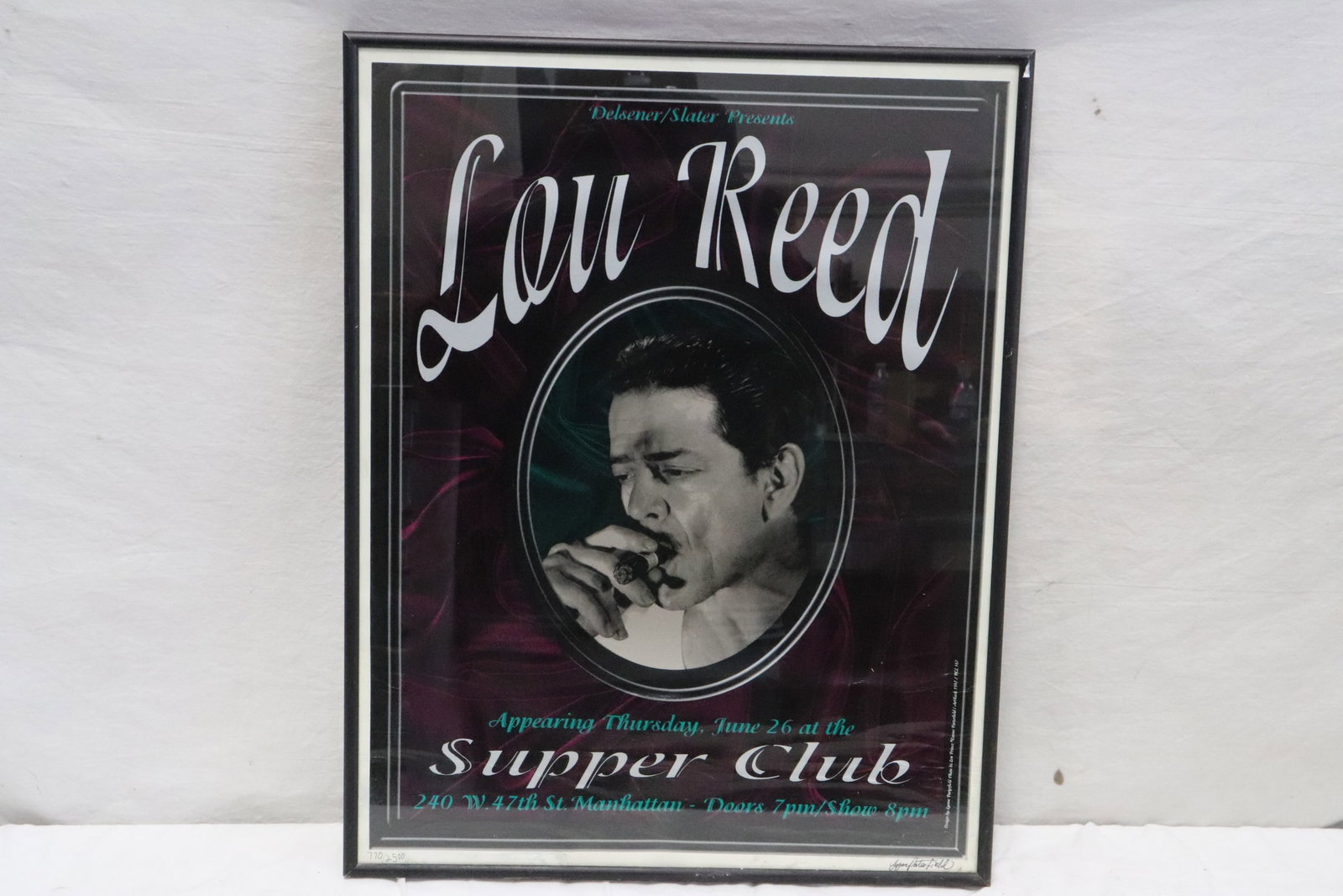 A signed litho. for Lou Reed at New York Supper club: A limited edition lithography for Lou Reed 1997 at New York Supper club, signed by Lynne Portfield, 19.2"x14.9"
