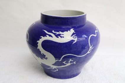 Fine white on blue porcelain jar