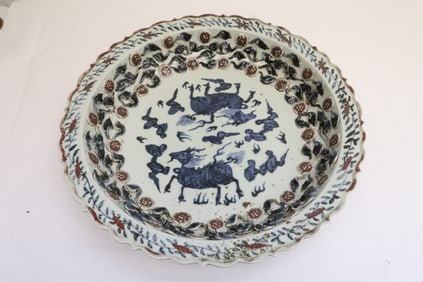 A massive Chinese blue, red & white porcelain charger