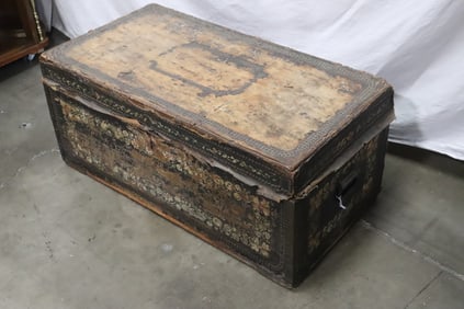 Chinese 18th/19th c painted leather on wood "boules" trunk