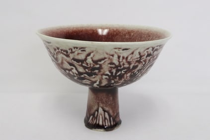 Unusual splash red decorated stem cup