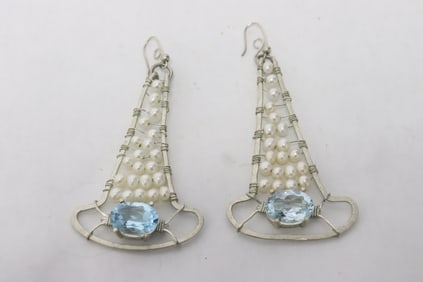 Pair large sterling earrings w/ cultured pearl & blue topaz