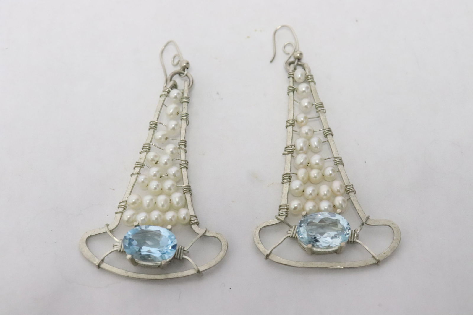 Pair large sterling earrings w/ cultured pearl & blue topaz (1 of 8)