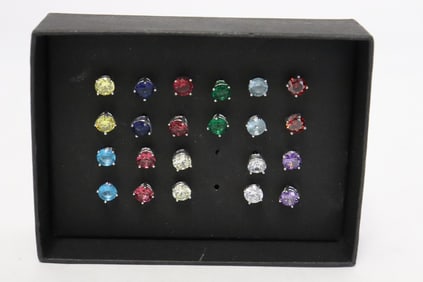 11 pairs sterling earrings with color stones